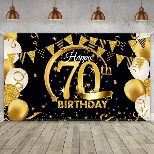 Vista 24 de Decoración de fiesta de cumpleaños número 15, cartel póster de tela extra grande negro y dorado para telón de fondo de cabina de fotos