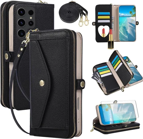 Vista 14 de Asuwish Funda de teléfono para Samsung Galaxy S23 5G con cremallera, funda para celular con protector de pantalla, correa para el hombro, espejo