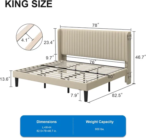 Vista 2 de GOLDORO Marco de cama King Size con base elevada, cabecera tapizada con botones verticales y alas, soporte de listones de madera, no necesita