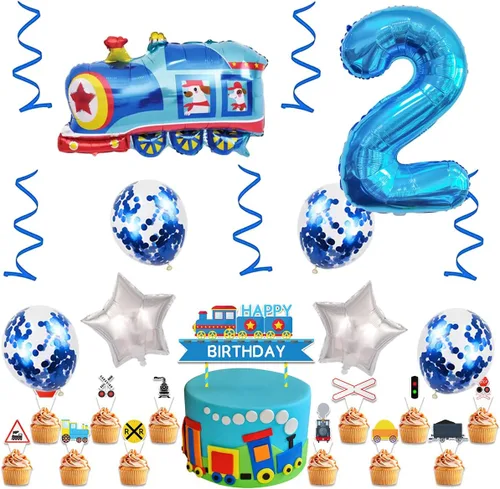 Vista 4 de Globos de tren de 2º cumpleaños, globo gigante de aluminio de Mylar número 2 para fiesta de ferrocarril, color azul