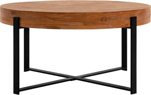 Vista 6 de Mesa de centro redonda de empalme retro moderna de 33.86 pulgadas, mesa de madera de abeto con base de patas cruzadas negras