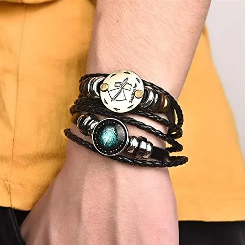 Vista 3 de Pulsera de cuero trenzado a mano con 12 cuentas de constelación para hombre estilo retro 2