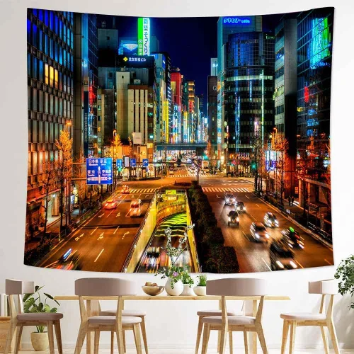 Vista 3 de Aidatain Tapiz de ciudad japonesa, paisaje urbano de Japón, tapiz de pared, tapiz de escena nocturna de Tokio, tamaño 84 x 90 pulgadas, tapices