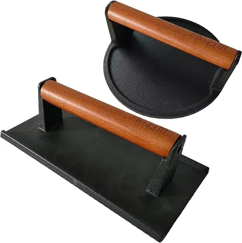 Vista 4 de Firsgrill Prensa para Hamburguesas 6.6" Redonda de Hierro Fundido Resistente para Aplastar Carne Bistec con Mango de Madera para Parrillas Plano