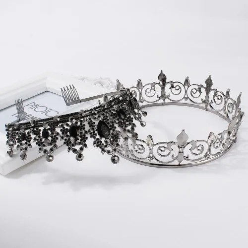 Vista 3 de AOPRIE King & Queen Artemis Tiara y corona para mujeres y hombres, cristal, aleación, diamantes de imitación, formal, temático, unisex, negro, boda