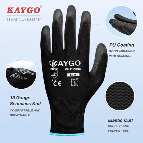 Vista 2 de KAYGO KG11PB - Guantes de trabajo de seguridad con revestimiento de poliuretano, 12 pares de guantes de punto sin costuras para hombres y mujeres