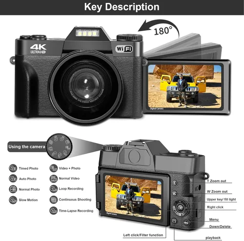 Vista 4 de Cámara digital 4K para vlogging de YouTube, zoom manual de 56 MP 16X, cámara compacta de fotografía con gran angular de 2.047 in y lente macro
