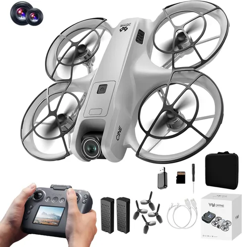 Vista 8 de Drone RC con control remoto de pantalla con pantalla de control remoto, protector de hélice, cámara dual HD, ajuste de velocidad, retención
