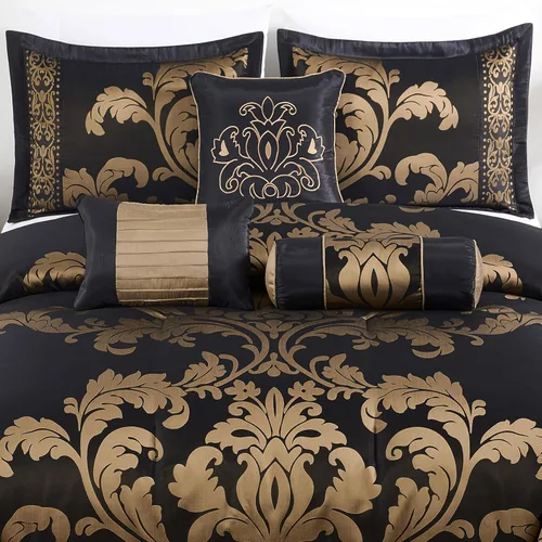 Vista 3 de Chezmoi Collection Juego de edredón floral de jacquard Royale de 7 piezas, matrimonial/doble, negro/dorado