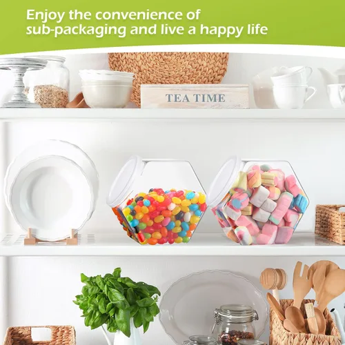 Vista 5 de Hoolerry 16 tarros de plástico para dulces de 30 onzas con tapas, recipiente hexagonal para dulces, bufé, galletas, aperitivos, regalos