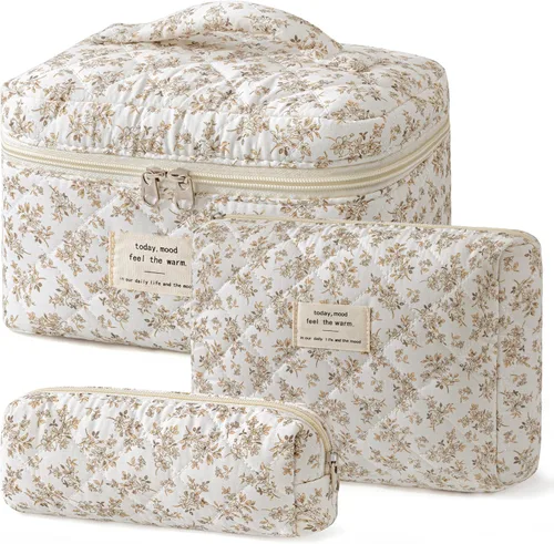 Vista 44 de HBselect Bolsa de Maquillaje Acolchada, 3 Piezas de Gran Bolsa de Maquillaje de Viaje de Algodón, Linda Bolsa de Maquillaje Floral Coquette, Bolsa