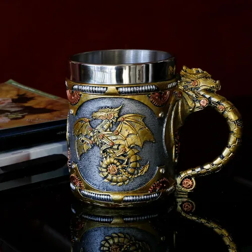 Vista 2 de alikiki Taza medieval steampunk de dragón, 15.8 onzas, dragones mecánicos renacentistas, cerveza, jarra, jarra, taza de café inoxidable, taza