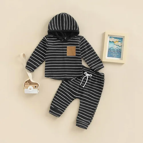 Vista 66 de Ropa de bebé niño 3 6 9 12 18 24M 3T Conjunto de pantalones con capucha patchwork sudadera con capucha pantalones de rayas traje de otoño invierno