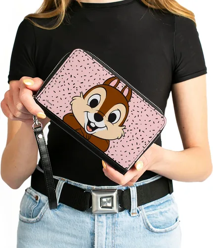 Vista 4 de Buckle-Down PU Zip Alrededor De La Cartera Rectángulo Disney Chip n Dale Chip Sonriente Pose Espolvorear Rosa Negro, Chip n' Dale, Casual
