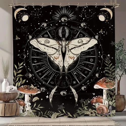Vista 15 de Cortina de ducha gótica del zodiaco con fases lunares, constelación, astrología, galaxia, misteriosa, tarot, bruja, estética, 60 pulgadas de ancho