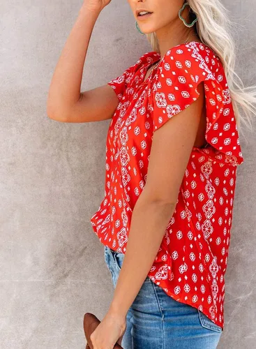 Vista 3 de SimpleFun Blusa de verano de manga corta con cuello en V floral para mujer