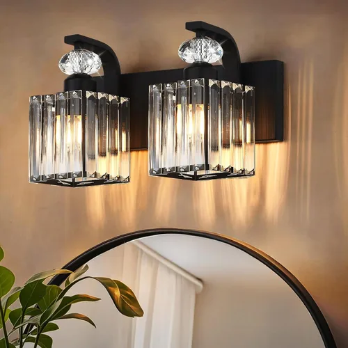 Vista 23 de Lámpara Moderna de Tocador de Baño, Luminarias de Baño de 4 Luces Negro Dorado Sobre Espejo, Aplique de Pared de Cristal de 28.4