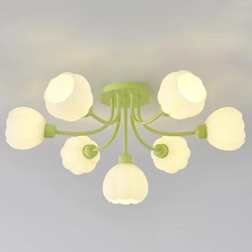 Vista 11 de Lámpara de techo verde de 7 luces, lámpara de cristal acanalada, luces de montaje semiempotradas con pantalla de globo de vidrio, iluminación