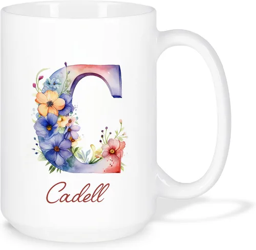 Vista 12 de Taza de café personalizada de la letra A del alfabeto, Taza de café blanca con nombre personalizado único, Taza inicial de monograma floral