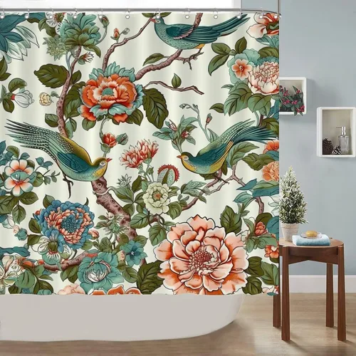 Vista 2 de Cortina de ducha de poliéster con diseño de peonía roja, diseño de flores, animales, pájaros, cortina de baño con diseño de flores de coral, cortina