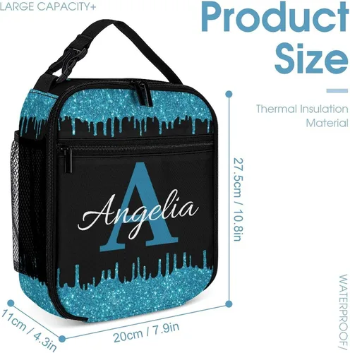 Vista 3 de Bolsa de almuerzo con nombre personalizado para hombres y mujeres, con monograma de purpurina azul, hielera, portátil, con nombre, para niñas