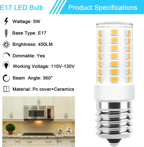 Vista 3 de Bombillas LED E17 regulables de 5 W para microondas sobre estufa, 125 V, 40 W, equivalente a incandescente, blanco cálido 3000 K, apto