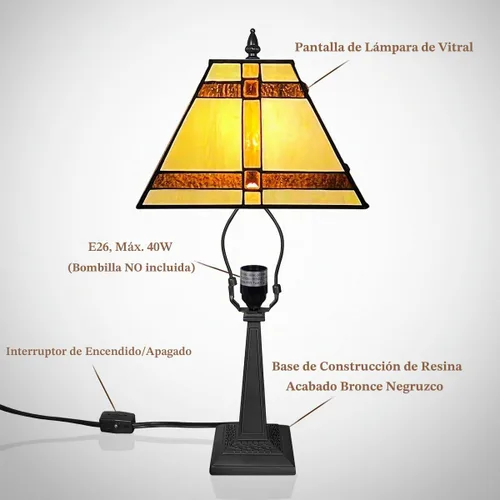 Vista 6 de Tiffany - Lámpara de mesa pequeña hecha a mano con vitrales, lámpara de escritorio antigua estilo misión ámbar para dormitorio, sala de estar