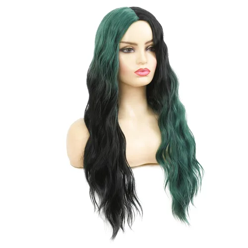 Vista 3 de Swiking Pelucas largas de color verde y negro para mujer, pelucas de cabello ondulado natural ombré verde sintético de fibra suave para fiesta