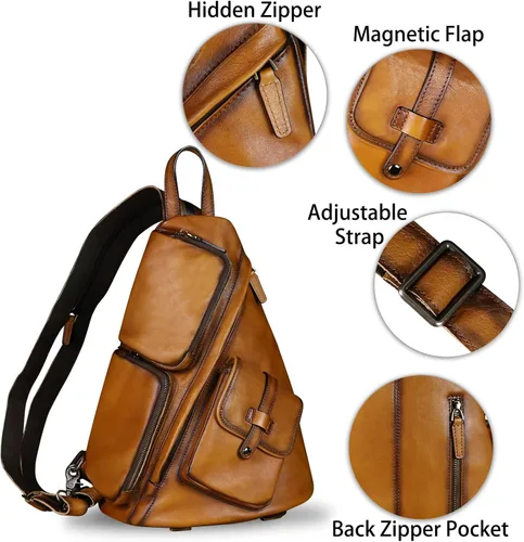 Vista 6 de Bolso bandolera de piel auténtica, casual, para senderismo, vintage, hecho a mano, para el hombro, mochila para motocicleta, Marrón, M, Mochilas