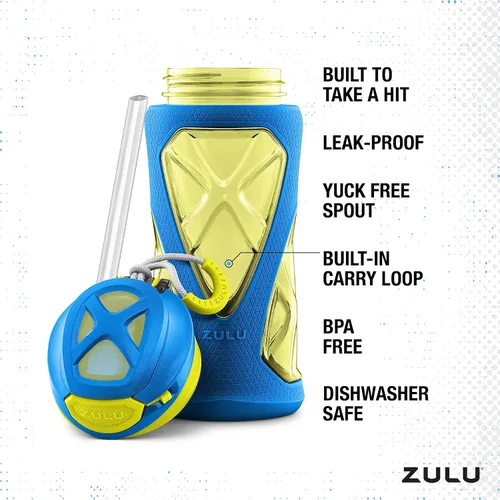 Vista 3 de ZULU Torque 16oz Plastic Kids Water Bottle with Silicone Sleeve and Leak-Proof Locking Flip Lid, Soft Touch Carry Loop for School Backpack