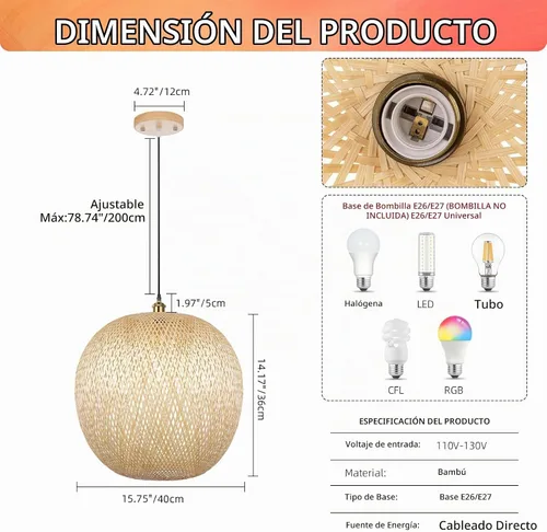 Vista 6 de Arturesthome Luces Colgantes de Bambú de 15.7", Candelabro de Mimbre Redondo, Pantalla de Lámpara de Canasta Boho Tejida a Mano, Luz de Techo