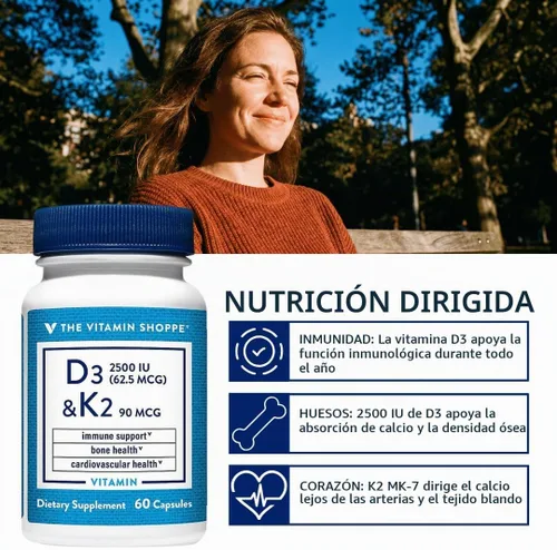 Vista 6 de The Vitamin Shoppe Brand Vitamina D3 2500 UI y K2 90 MCG, 60 cápsulas