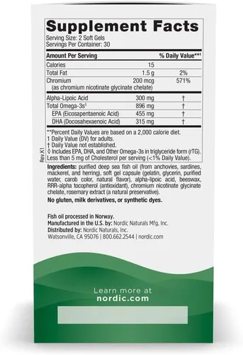 Vista 2 de Nordic Naturals Omega azúcar en sangre, limón, 60 geles blandos, 896 mg de omega-3 + ácido alfa lipoico y cromo, metabolismo, sin OMG, 30 porciones