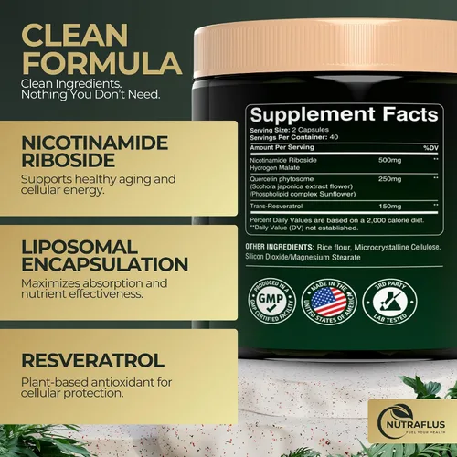 Vista 3 de Suplemento NAD Alternativa de NMNH - Suplemento liposomal NAD + Resveratrol - Suplementos NAD para mujeres y hombres - Ribosida de nicotinamida
