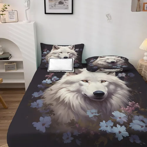 Vista 2 de Sábanas de lobo tamaño individual, sábanas de animales de lobo, sábanas y fundas de almohada estampadas de 3 piezas, sábana bajera ajustable