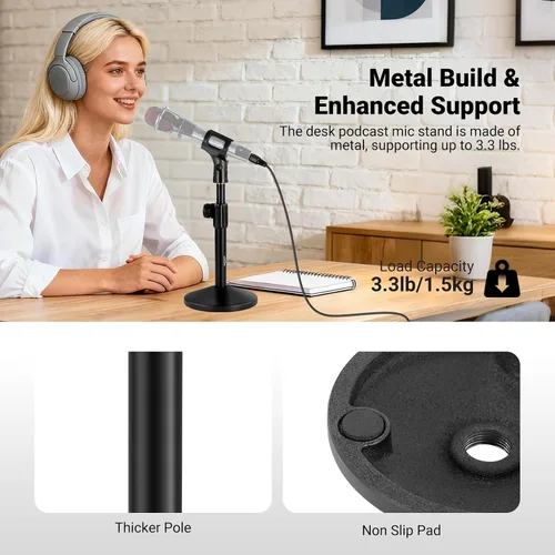 Vista 3 de NEEWER Soporte de micrófono de escritorio, soporte de micrófono de mesa ajustable con clip y adaptador de 3/8 a 5/8 pulgadas compatible con Blue