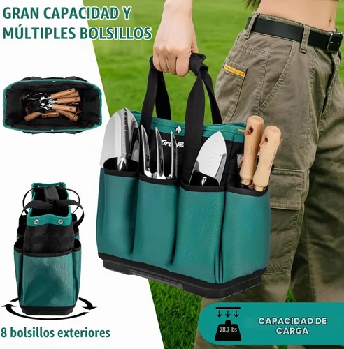 Vista 3 de GrenPRO Bolsa de herramientas de jardín con parte inferior moldeada, caja de herramientas resistente con 10 bolsillos, cierre reforzado y superior a