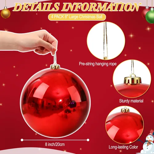 Vista 2 de Zubebe 4 piezas de adornos de bolas de Navidad extra grandes de 8" (200 mm) bolas gigantes sobredimensionadas de plástico de grado comercial