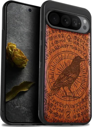 Vista 12 de Carveit Funda de madera para Pixel 9 Pro [madera natural y TPU suave negro] a prueba de golpes, funda de madera única compatible con Google Pixel 9