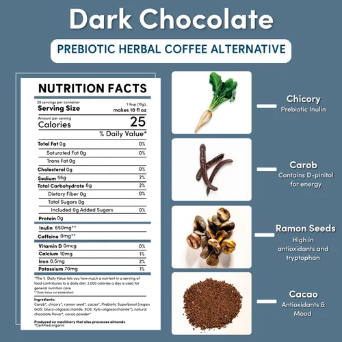 Vista 2 de Teeccino Chocolate Oscuro Prebiótico SuperBoost™ Alternativa al Café - Apoya los Probióticos con Café Herbal Sin Cafeína que Contiene 3 Prebióticos