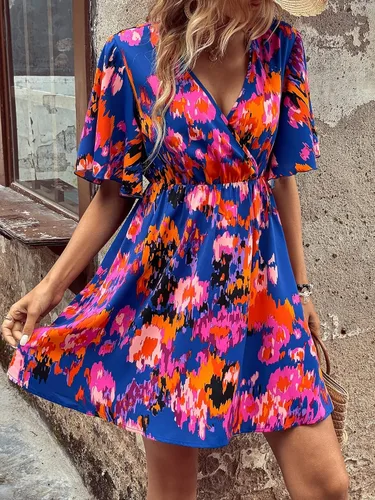 Vista 4 de OYOANGLE Vestido acampanado acampanado con cuello en V y manga corta de mariposa para mujer