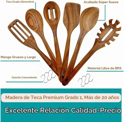 Vista 3 de Utensilios de madera para cocinar, cucharas saludables de teca premium, cucharas de madera para cocinar, cuchara de cocina de teca duradera