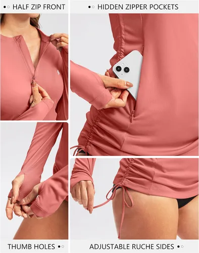 Vista 4 de Soothfeel Women's Long Sleeve UV Sun Protection Rash Guard Shirts UPF 50+ Swim Shirt Swimsuits Top for Women with Zip Pockets