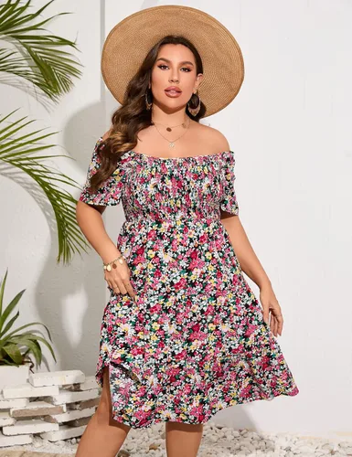 Vista 5 de KOJOOIN Vestido fruncido de talla grande para mujer, cuello redondo, manga corta, cintura alta, escalonado, casual, vestido midi de verano