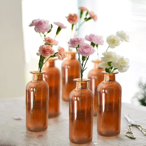 Vista 2 de Jarrón de cristal ámbar, paquete de 20 jarrones de 8 onzas, jarrones pequeños para flores, botellas de ámbar decorativas para centro de mesa