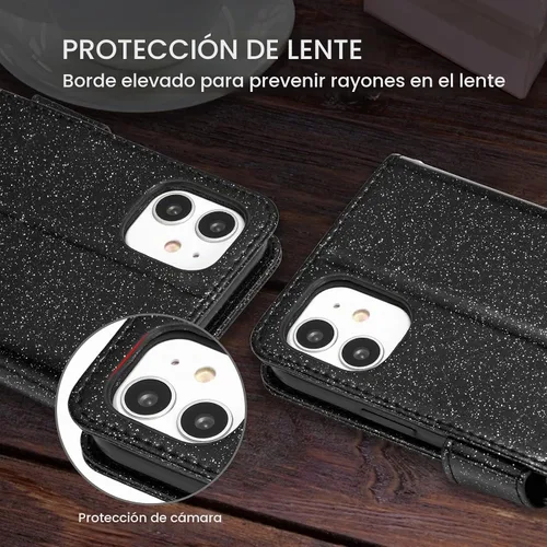 Vista 6 de UEEBAI Funda tipo cartera para iPhone 11, funda de piel sintética con purpurina para teléfono, ranuras para tarjetas, funda con función atril Negro