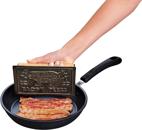 Vista 2 de HIC Kitchen Bacon Press, Heavyweight Cast Iron, Rectangular With Wood Handle, For Stovetop Grill And Griddle