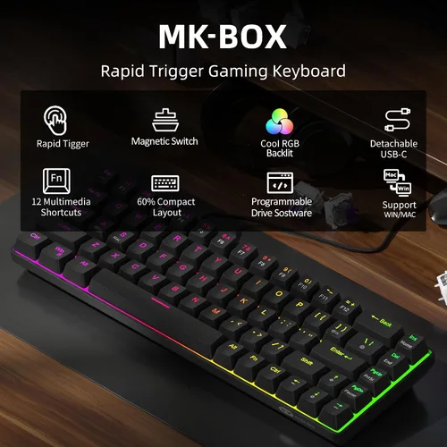 Vista 4 de MageGee Teclado para juegos de disparo rápido 60%, interruptor magnético de efecto Hall, punto de actuación ajustable, teclado con cable Negro