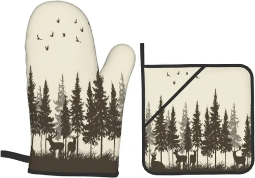 Vista 9 de Juego de 4 manoplas de horno y soportes para ollas, ciervos en el bosque, cabaña, niebla, pájaros, montaña, caza, amarillo y café, alce, guantes