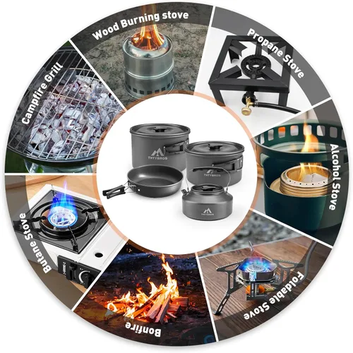Vista 5 de THTYBROS 27pcs Camping Cooking Set for 2-4 People, Portable Cookware Set with Kettle, Pots & Pans, Stainless Steel Utensils, Plates, Dishware for